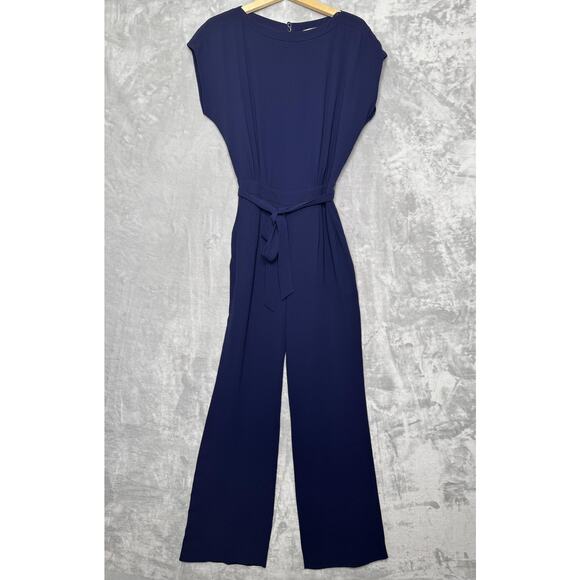 Diane von Furstenberg Jumpsuit Womens 2 Navy Sandra Tie Belt Wide Leg Pockets - Picture 1 of 15